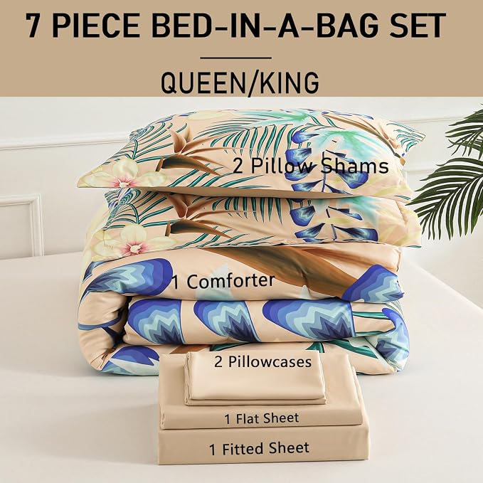 Yogeneg 7 Piece Bed in a Bag Queen Size Comforter Set Khaki Bedding Set,Yellow Floral Green Leaves Pattern Reversible Design,Soft Microfiber Comforter with Sheet Set,All Season(Khaki,Queen)