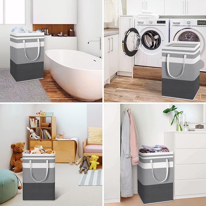 HomeHacks 2 Pack Laundry Baskets, Laundry Hampers Bags (Grey+Blue 88L) | Waterproof, Freestanding, Collapsible Clothes Hamper with Reinforced Handles in Laundry Room, Dorm, Bathroom, Bedroom