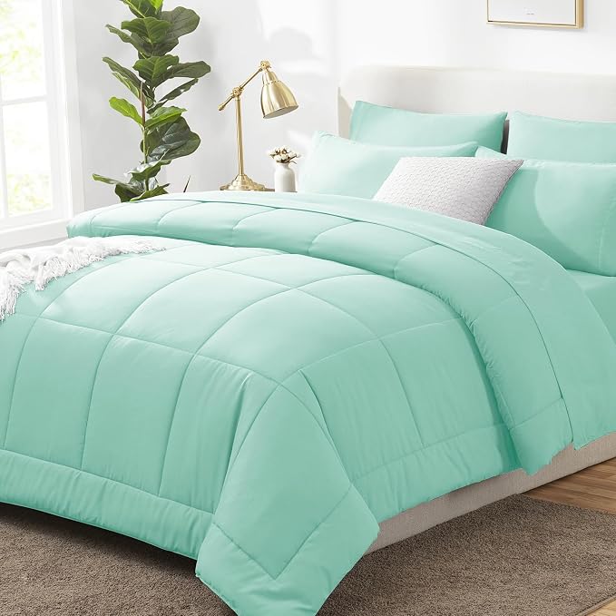 King Size Comforter Set Mint Green - 7 Pieces Bed in a Bag | OEKO-TEX Certified, All-Season, Bedroom, Guest Room, Down-Alternative Comforter + Flat & Fitted Sheets + 4 Pillowcases