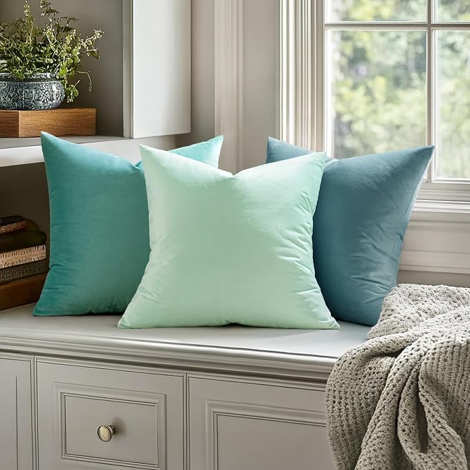 MIULEE 26x26 Inch Pack of 2 Euro Velvet Throw Pillow Covers Aqua Green | Soft Solid Decorative Euro Sham, Modern Luxury Home Decor, for King Bed Sofa Couch Bedroom Livingroom