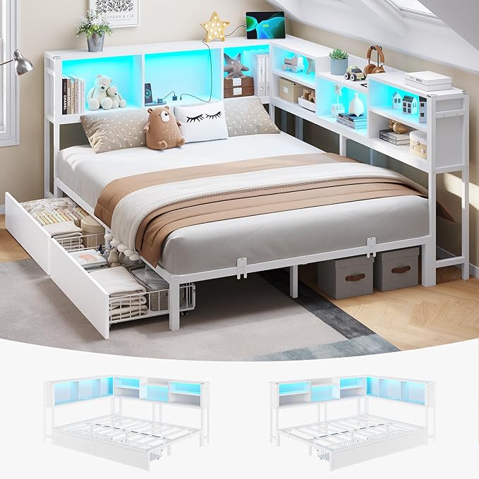 DICTAC Full Corner Bed Frame with 2 Storage Drawers and Bookcase Headboard,Full Size Metal Platform Bed Frame with Charging Station and Led Lights,Modern Full Daybed for Kids,Teen and Guests,White