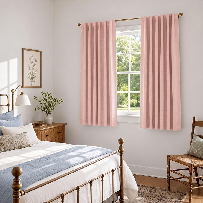 Faux Linen Total Blackout Curtains for Bedroom 63 Inch Long Blush Pink | 100% Blackout Shield, Back Tab/Rod Pocket Living Room Drapes, Thermal Insulated Blackout Curtains 2 Panels Set, 42"W x 63"L