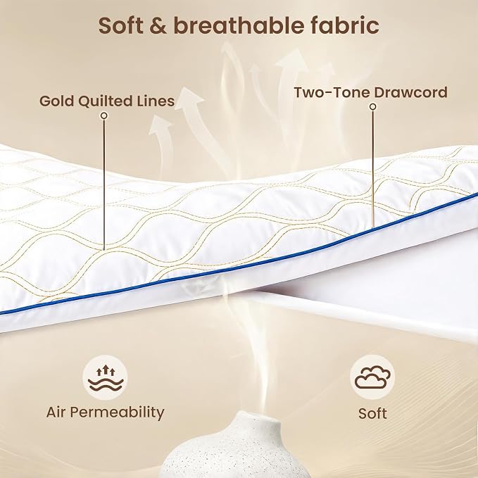 ZonLi Long Body Pillow for Adults, Gold Thread Quilted Gourd Pattern Cover, Soft Durable Adjustable Shredded Memory Foam, Comes with Extra 7 Oz Shredded Foam, Ideal for Side Sleepers, White