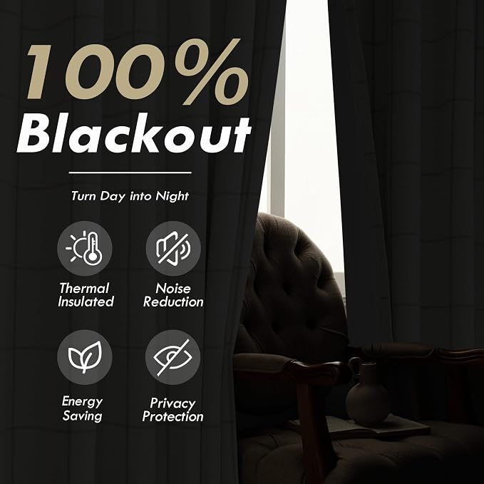 DriftAway 100% Blackout Plaid Linen Curtains 108 Inches Long 2 Panels Taupe | 100% Blackout, Linen Texture, Plaid Pattern, Two Layers, Rod Pocket & Back Tab, Bedroom Living Room Use, Luxury Appearance