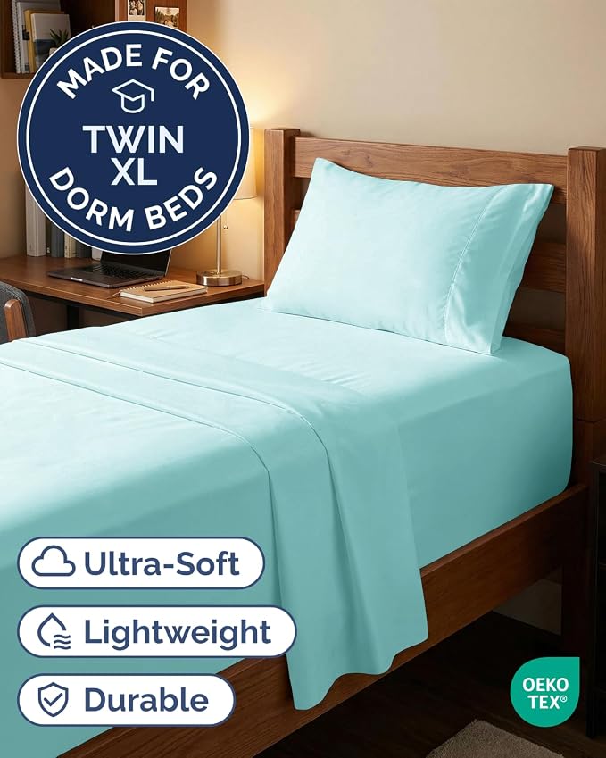 Extra Deep Twin XL Sheet Set - 3 Piece College Dorm Room - Spa Blue | Soft, Breathable & Cooling, Easily Fits 18 to 24 inch Mattress, Wrinkle Free & Fade Resistant with Extra Deep Pockets