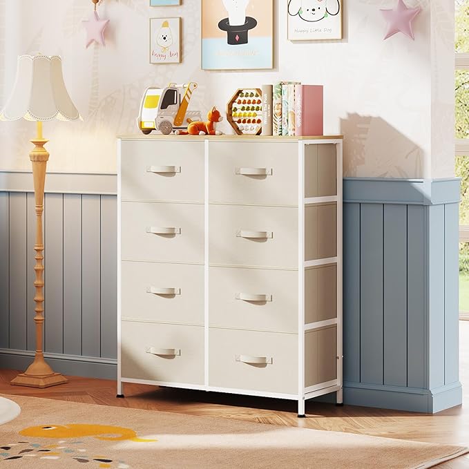 WLIVE Fabric Dresser for Bedroom, Tall Dresser with 8 Drawers, Storage Tower with Fabric Bins, Double Dresser, Chest of Drawers for Closet, Playroom, Dormitory, Cream White