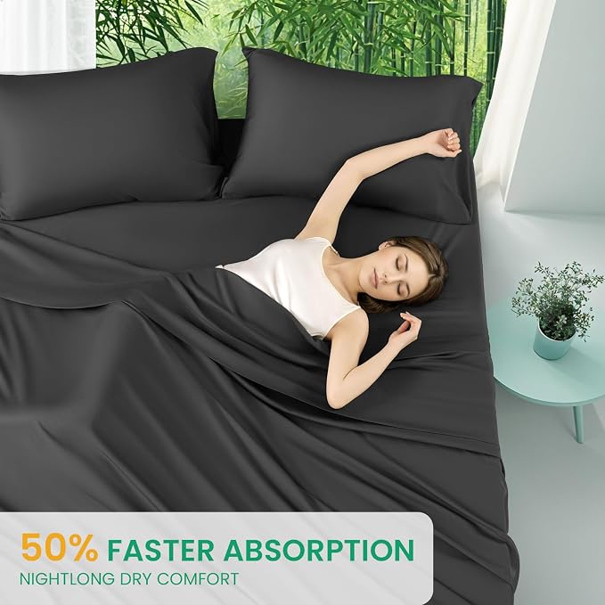 SONORO KATE 100% Viscose Derived from Bamboo_Sheets King Size,4PC | Cooling Bed Sheets for Hot Sleepers,Soft Breathable & Silky,16" Deep Pocket,Luxury Hotel Bedding,Black