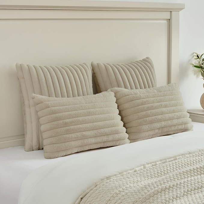 FUTEI Pack of 2 Faux Fur Throw Pillow Covers 12x20 Inch, Beige | Fluffy Faux Rabbit Fur Front/Premium Velvet Back,Hidden Zipper,Machine Washable,Non-Shedding,Colorfast,Insert Not Included.