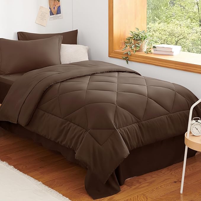 Twin XL Comforter Set with Sheets Brown - 5 Pieces Bed in a Bag | College Dorm Essentials, OEKO-TEX Certified, All Season, 240GSM Down-Alternative Comforter, Sheets, Pillowcase & Sham