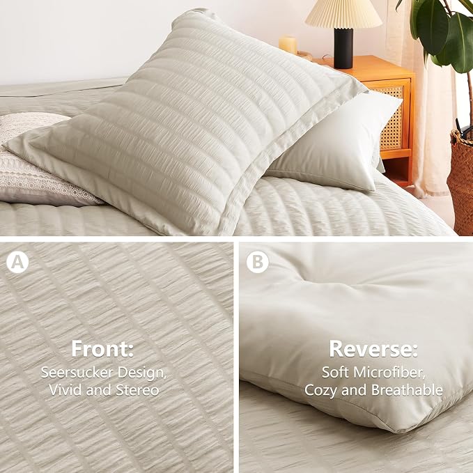King Size Comforter Set, 7 Pieces Oatmeal Seersucker Bed in a Bag | OEKO-TEX Certified, All Season Bedding Set with 240 GSM Down Alternative Comforter, Flat & Fitted Sheets, Pillowcases & Shams
