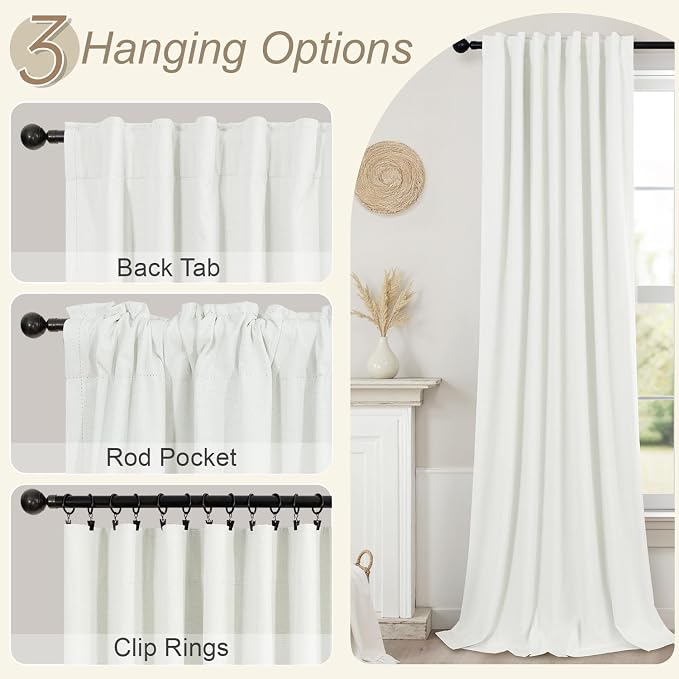 Extra Long Ivory Curtains for Living Room Blackout 108 Inch Sound Proof Wide Drapes for Large Window Noise Reducing Darkening Curtains for Bedroom Off White 52x108 Ceiling to Floor Length 2 Panel 9 ft