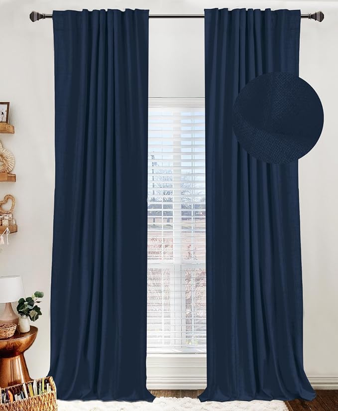 Faux Linen Total Blackout Curtains for Bedroom 72 Inch Long Midnight Blue | 100% Blackout Shield, Back Tab/Rod Pocket Living Room Drapes, Thermal Insulated Blackout Curtains 2 Panels Set, 50"W x 72"L