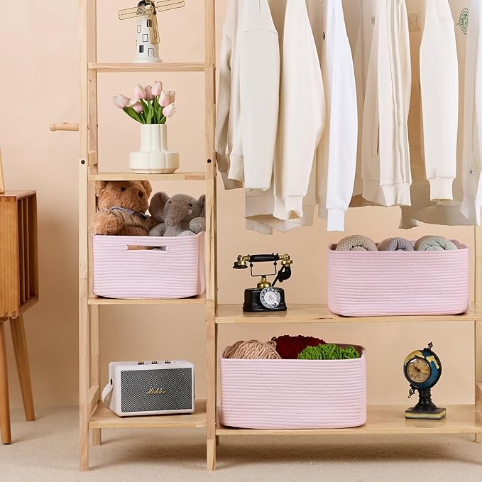 MiniArk Large Storage Baskets for Organizing, 17 x 13 x 7.5” Closet Shelf Baskets for Clothes Blanket Towels, Baby Nursery, Toy Bins Box, Woven Rope Baskets, 4 Packs Light Pink