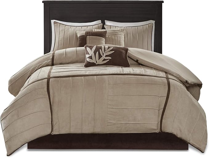 Madison Park Casual Blocks Suede Comforter Set, 7PC King Bedding Set | All Season, with Comforter, Bed Skirt, Decorative Pillows, Shams, Beige Brown, Beige