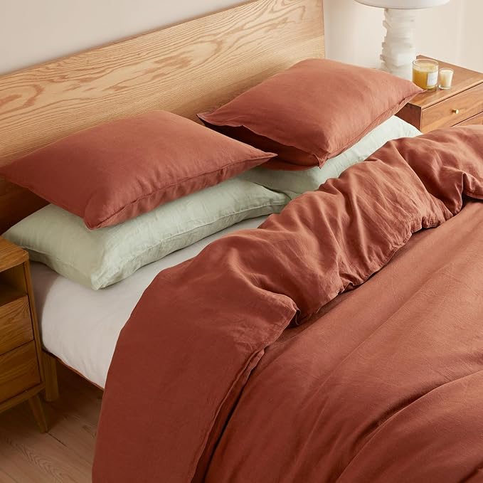 DAPU 100% French Linen Duvet Cover 3Pcs Set, 170GSM Linen Bedding, King | Soft Breathable All-Season for Hot sleepers, Corner Ties & Zipper Closure, French Linen Flax from Normandy, Rust Red