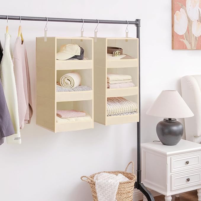 GRANNY SAYS 3-Shelf Hanging Closet Organizer, Foldable Storage, Khaki | 33 lb Capacity, No-Sag Support, Keeps Clothes Neat, Folds Flat, Fits RV, Dorm & Small Closets, 2 Pack