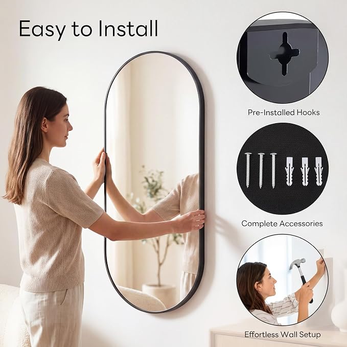 Sweetcrispy 24" x 48" Black Bathroom Mirror for Wall, Oval Walls Mirror | Modern Vanity Mirrors for Over Sink, Living Room, Bedroom, Entryway, Horizontal or Vertical