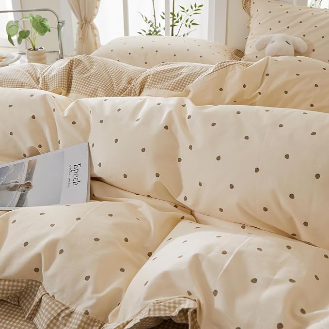 mixinni Floral Duvet Cover Set Full Size – 100% Cotton 3-Piece Bedding Set with Ruffled Trim, Reversible Vintage Beige Gingham & Strawberry Print, Soft Aesthetic Duvet Cover with Zipper Closure