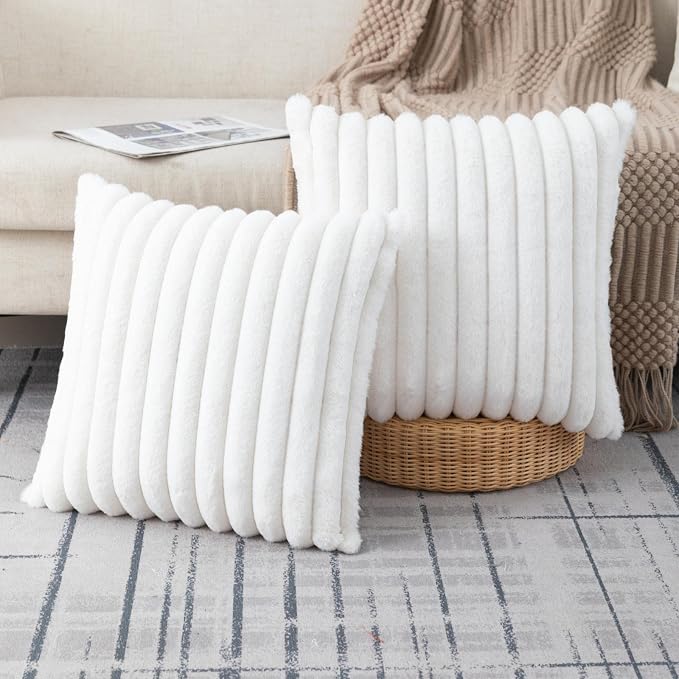 ZLINA Cream White Striped Faux Fur Throw Pillow Covers 16 x 16 Inch | 2‑Pack, boho striped pillow covers,velvet back,fuzzy plush cushion covers , for sofa bed livingroom home decor