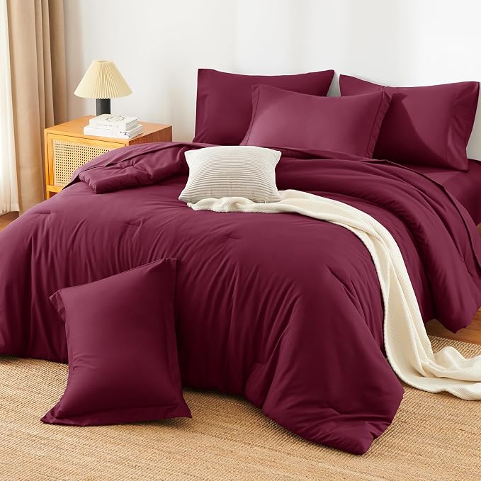 HIMEET King Comforter Set, 7-Piece Point-Quilted Bed in a Bag, Burgundy | OEKO-TEX Certified, Lightweight 240 GSM Comforter, Flat Sheet, 14-Inch Deep-Pocket Fitted Sheet, Pillowcases & Shams