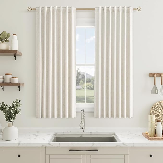 100% Blackout Linen Short Curtains for Bedroom 54 Inches Long Natural Cream Black Out Curtain Back Tab Thermal Insulated Room Darkening Window Drapes for Living Room 2 Panels Beige Ivory 52x54