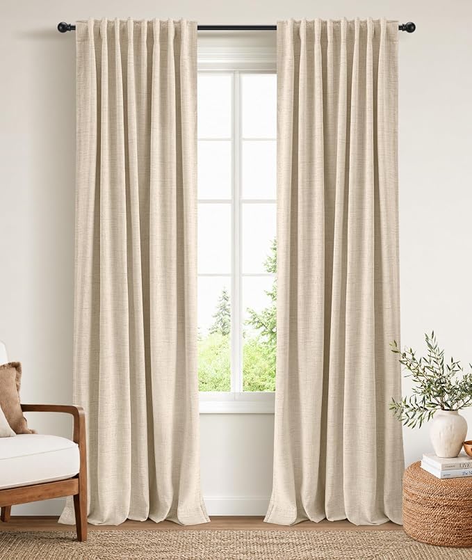 INOVADAY 100% Blackout Linen Curtains for Bedroom 50x102 Inches Oatmeal | Linen Textured, Light Blocking, Room Darkening, Thermal Insulated, Back Tab Top, Window Curtains for Living Room, 2 Panels
