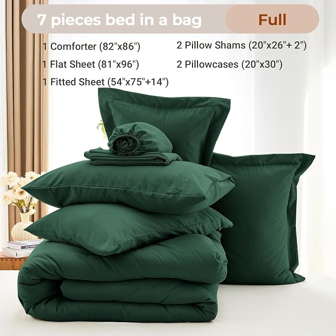 7 Pieces Full Comforter Set, Soft Bed in a Bag Full Size, All Season Bedding Set with Comforter, Flat Sheet, Fitted Sheet, Pillowcases & Shams, Dark Emerald Green