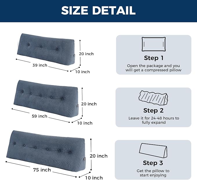 Headboard Pillow Queen, Wedge Pillow Headboard, Navy Blue | Triangle Backrest for Headboard, Bed Pillow for Sitting Up Reading Working, Removable Cover, Side Pockets, for Bed Dorm Sofa