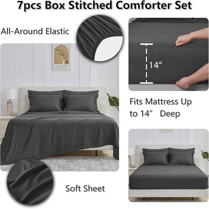 Queen Comforter Set, 7-Piece Bed in a Bag, Dark Grey | OEKO-TEX Certified, Box-Stitched Design, 240 GSM Down Alternative Fill, All-Season Comfort, Sheets, Pillowcases & Shams