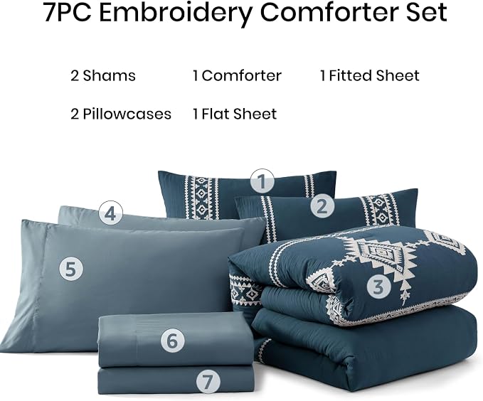 MaiRêve Embroidery King Size Comforter Set 7 Pieces Navy Blue Bed in a Bag | Western Boho Farmhouse Bedding Sets with Comforter, Sheets, Pillowcases & Shams