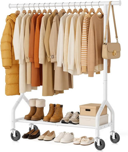 Rolling Clothes Rack with Shelf, Garment Rack Load 210Lbs, White | Sturdy Bottom Shelf, Lockable Wheels, Heavy Duty, Freestanding Rack, for Bedroom, Laundry, Small Spaces