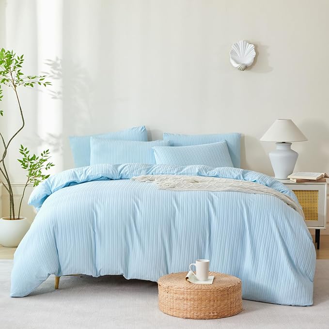 Light Blue Striped Comforter Set Queen Soft Luxury Washed Microfiber Jacquard 3 Pieces Bedding, Blue Vertical Ticking Stripes Comforter with 2 Pillowcases Breathable Durable Comfy