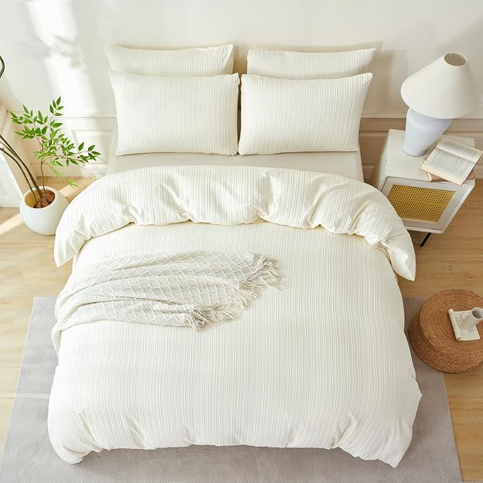 Comforter King Set Beige Striped Soft Luxury Washed Microfiber Jacquard 3 Pieces Bedding Set, Beige Vertical Ticking Stripes Comforter with 2 Pillowcases Breathable Durable Comfy