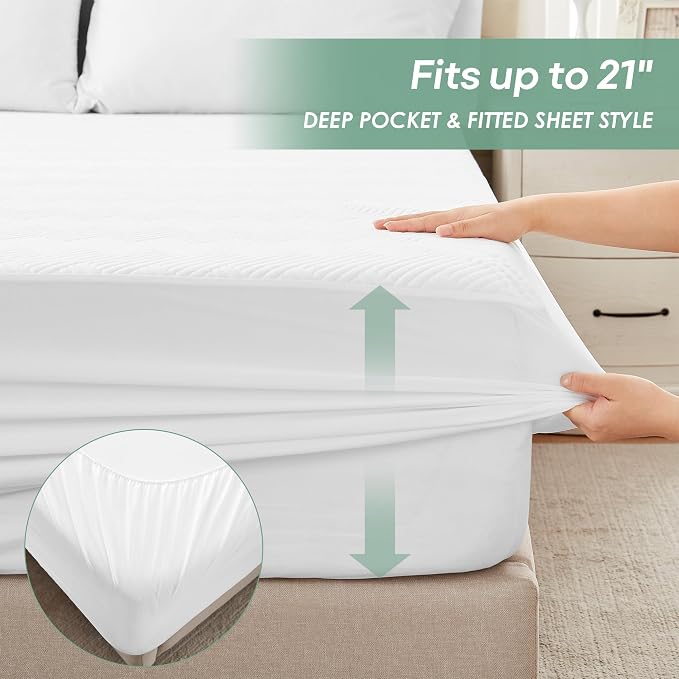Cozymaker King Size 100% Waterproof Mattress Protector, White | Fitted 8"-21" Deep Pocket, 3D Air Viscose from Bamboo Fabric, Soft Breathable Cooling Mattress Pad Cover Noiseless Washable