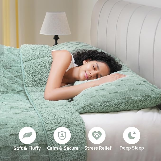 Drewin Adult Weighted Blankets 20lbs, Cozy Fluffy Jacquard Checkered Sherpa Weighted Blankets Queen Size 60 x 80 inches, Soft Winter Heavy Blanket for Couch Bed, Ceramic Beads, Sage Green | Stress Relief & Promotes Sleep,Cozy Heavy Throw Blankets,Soft ...