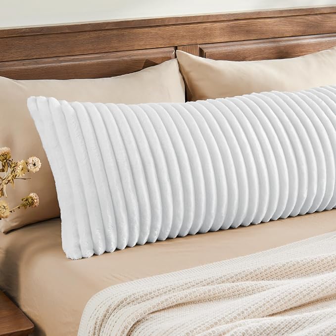 BEDELITE Fluffy Striped Body Pillow Cover with Zipper, Bright White, 20x54 | Ultra-soft Faux Fur with 14D Striped Texture, Comfy, Plush, and Cloud-like, Body Pillow Pillowcase for Bed Couch Room Decor