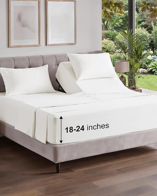 Flex Top Split Head King Sheet Set - 4 Piece Extra Deep - Antique White | Easily Fits 18 to 24 inch Mattress, Ultra Soft, Wrinkle & Fade Free with Extra Deep Pockets, Comfy Hotel Luxury Bedding