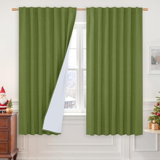 100% Blackout Linen Bedroom Curtains 63 Inches Long 2 Panels | Sage Green, Thermal Living Room Curtains, Full Room Darkening, Rod Pocket Back Tab Panels, with White Liner, 60 x 63 Inch