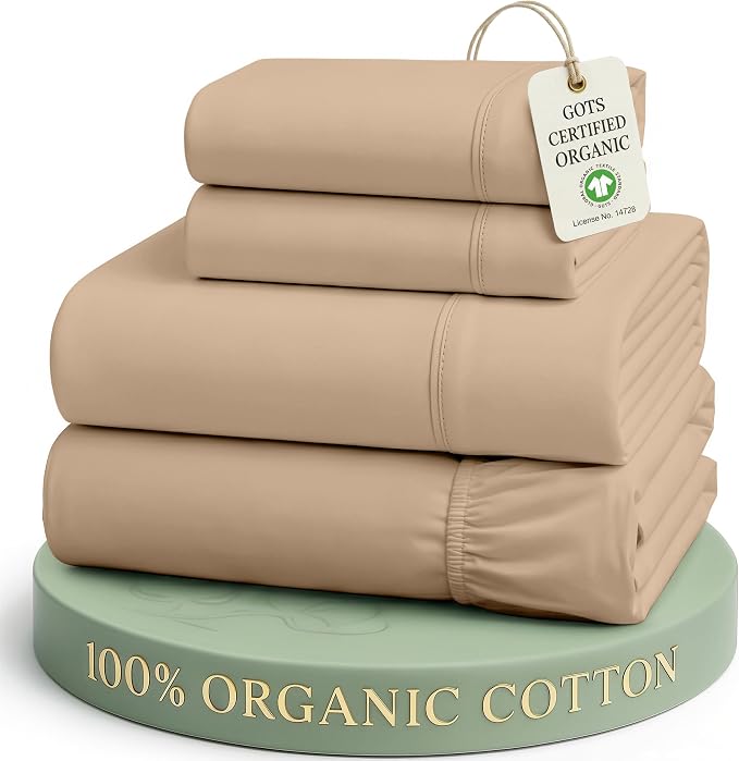 LANE LINEN Cal King Sheet Set 100% Organic Cotton Soft 4pc Percale - Taupe | Cal King Sheets In GOTS Certified Organic Cotton Percale - Crisp Cool Percale Weave, Great For Gifting, For Hot Sleepers