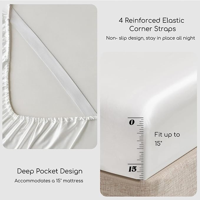 MR&HM Satin Sheets Twin Size with Elastic Corner Straps, Ivory | Similar to Silk, 3-Piece Silky Soft Bed Sheet Set, Gentle on Skin and Hair, 15" Deep Pocket, Cooling & Breathable