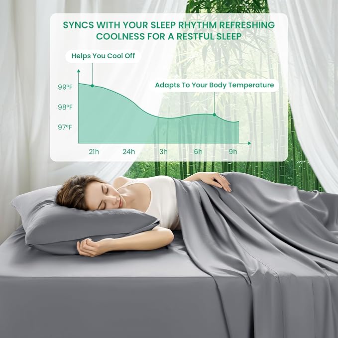 SONORO KATE 100% Viscose Derived from Bamboo_Sheets King Size,4PC | Cooling Bed Sheets for Hot Sleepers,Soft Breathable & Silky,16" Deep Pocket,Luxury Hotel Bedding,Grey