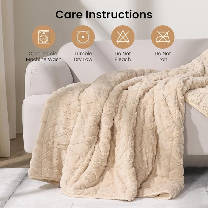 Drewin Weighted Blanket Queen Size 15lbs for Adults, Beige, 60 x 80 inches | Soft Jacquard Sherpa,Fluffy Cozy Sofa Throw Blankets for Sleep Natural and Calming,Machine Washable,Filled with Glass Beads
