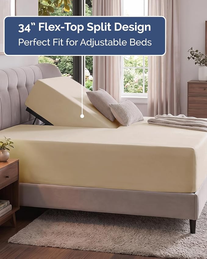 Extra Deep Flex Top Split Head King Fitted Sheet Only - Cream | Easily Fits 18 inch to 24 inch Mattress, Soft, Wrinkle Free, Breathable & Comfy, Extra Deep Pockets Hotel Luxury Fitted Sheet