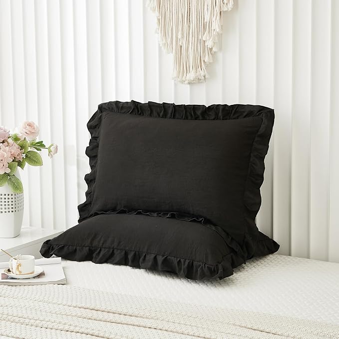 Black Pillowcases King Pillowcases Ruffled Pillow Shams Set of 2 Cute Pillowcases Solid Ruffled Fringe Design Shabby Chic 2 Pack (King (20''x36''), Black)