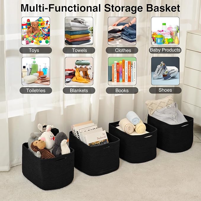 ICERZCZ Storage Baskets for Organizing & Shelves, Woven Cotton Rope Organization Bins for Dog Toys, Clothes, Books, Nursery Organizer, 15"Lx11''Wx9.5''H, (4 Packs) Black