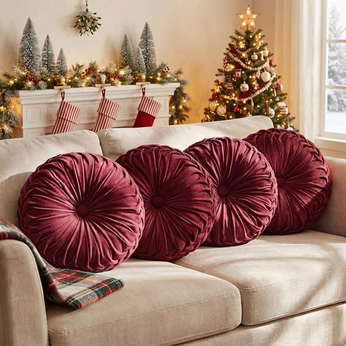 Kathfly 4 Pcs Decorative Round Pleated Throw Pillows, Classy Velvet Pumpkin Round Throw Pillows, Decorative Floor Pillow for Bed Chair Home Sofa Decor, 14" Diameter (Burgundy)
