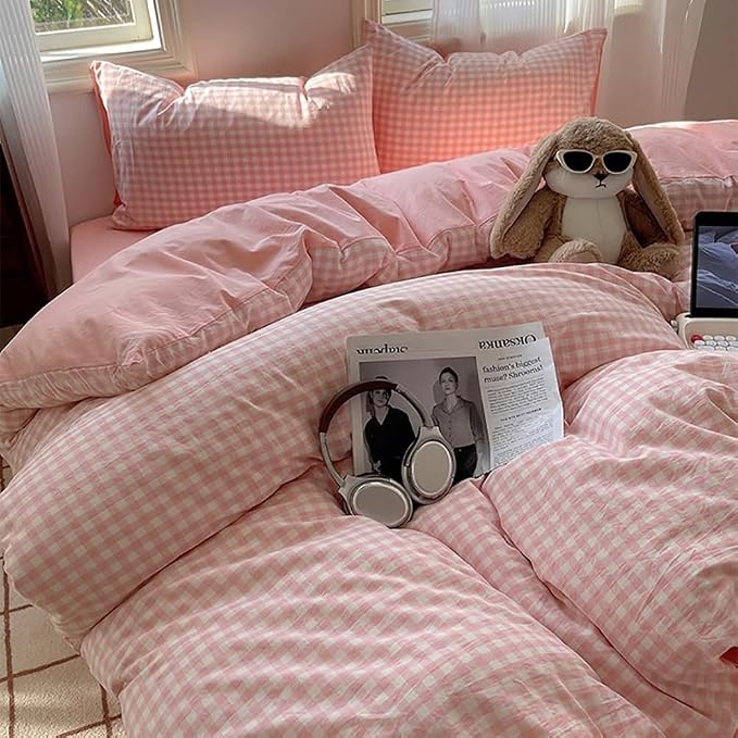 Nayoroom Gingham Duvet Cover Queen Reversible Pink Plaid Checkered Bedding | Soft Breathable Washed Microfiber, All-Season Comfort, Hidden Zipper, 4 Corner Ties, Coquette Modern Farmhouse, Dorm Bedding