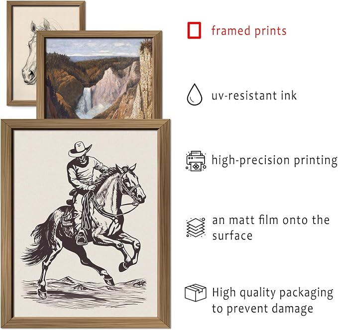 ANERZA 16 PCS Framed Western Wall Art Decor, Southwestern Gallery Wall Frame Set Prints for Bedroom Bathroom, Cowboy Posters for Living Room Aesthetic, Dorm Home Artwork Collage Kit