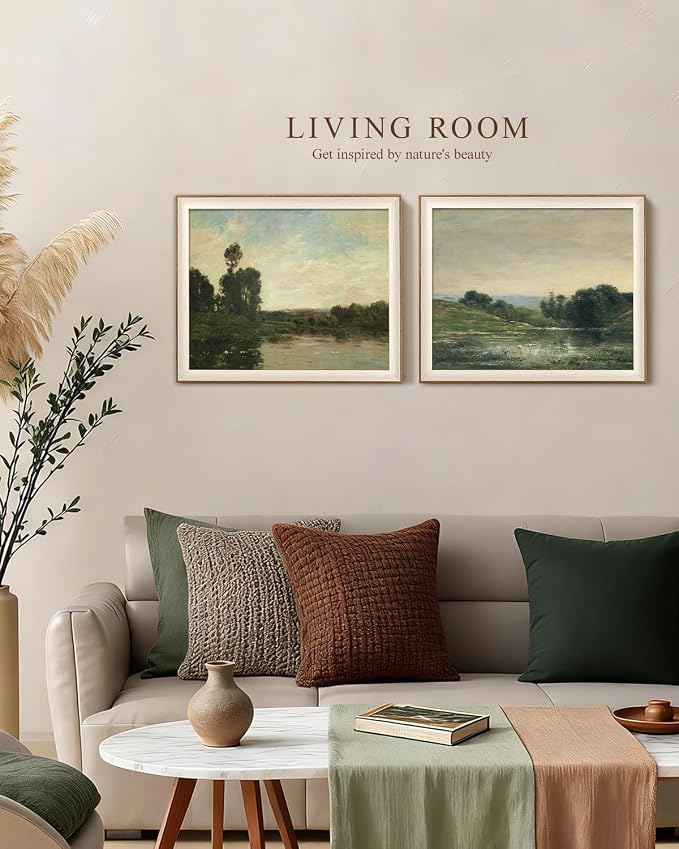 VIYYIEA Framed Vintage Landscape Wall Art Set of 2, Classical Nature Scene Canvas Painting Print, Rustic Home Decor for Living Room and Bedroom, 16x20 Inch