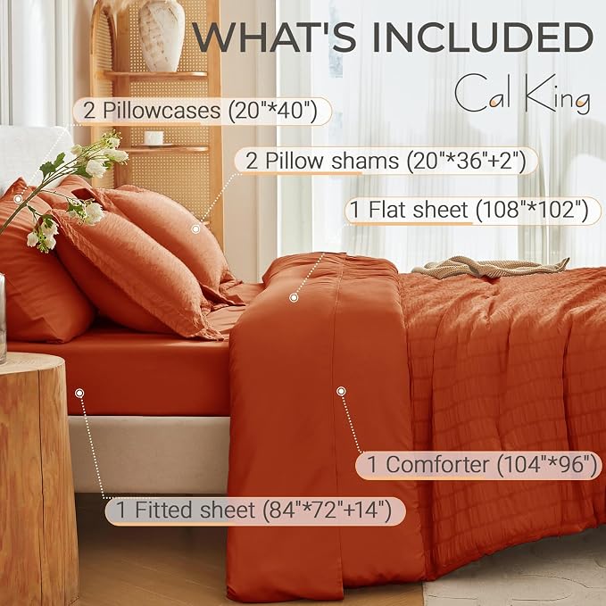 7 Pieces California King Comforter Set, Seersucker Bed in a Bag Cal King Size, All Season Luxury Bedding Set with Comforter, Flat Sheet, Fitted Sheet, Pillowcases & Shams, Burnt Orange